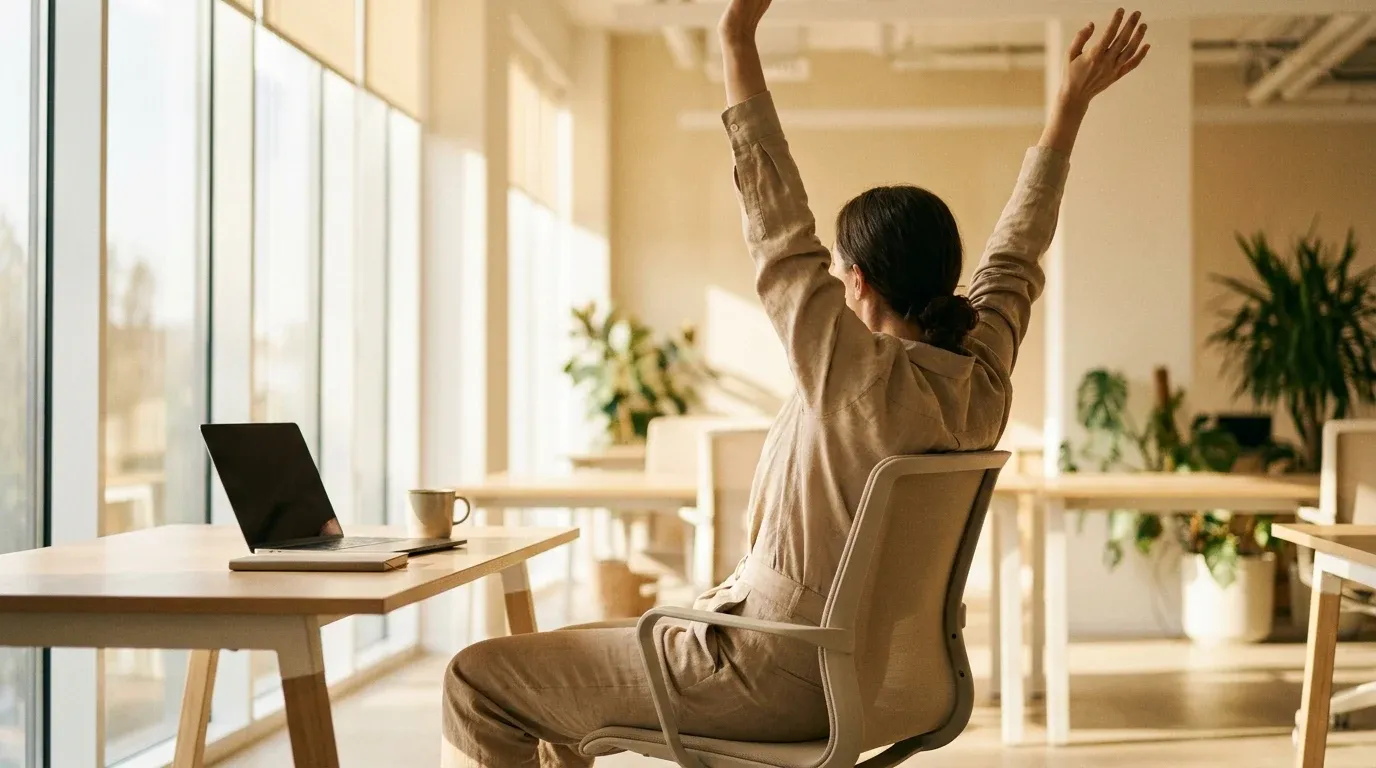 Person rising from desk chair and stretching arms overhead in a bright, sunlit office workspace.