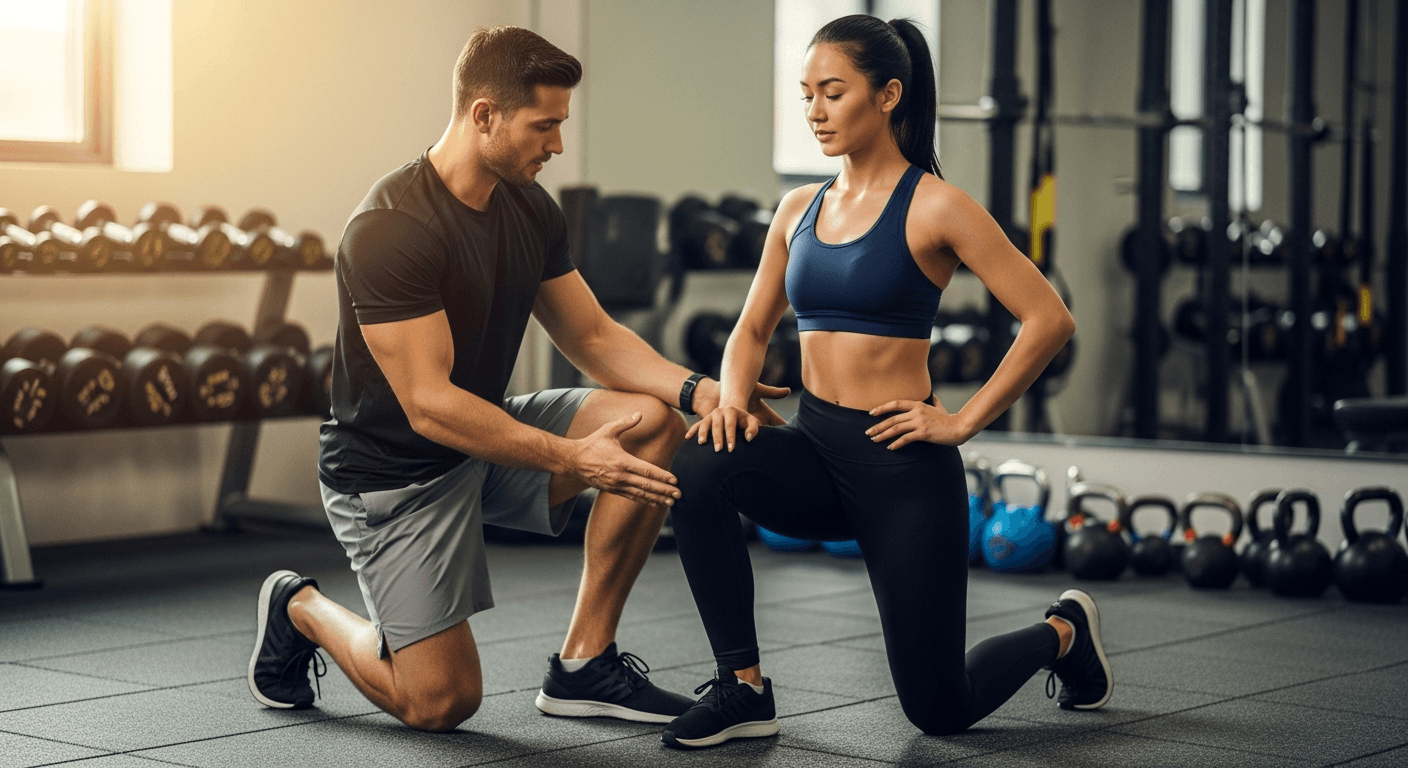 Personal trainer coaching client on exercise form