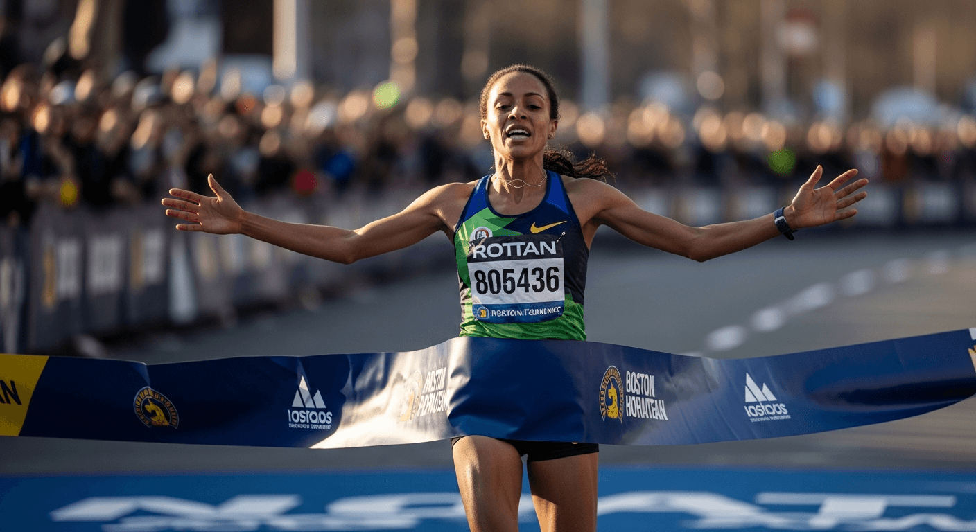 Female winner breaking tape at Boston Marathon finish