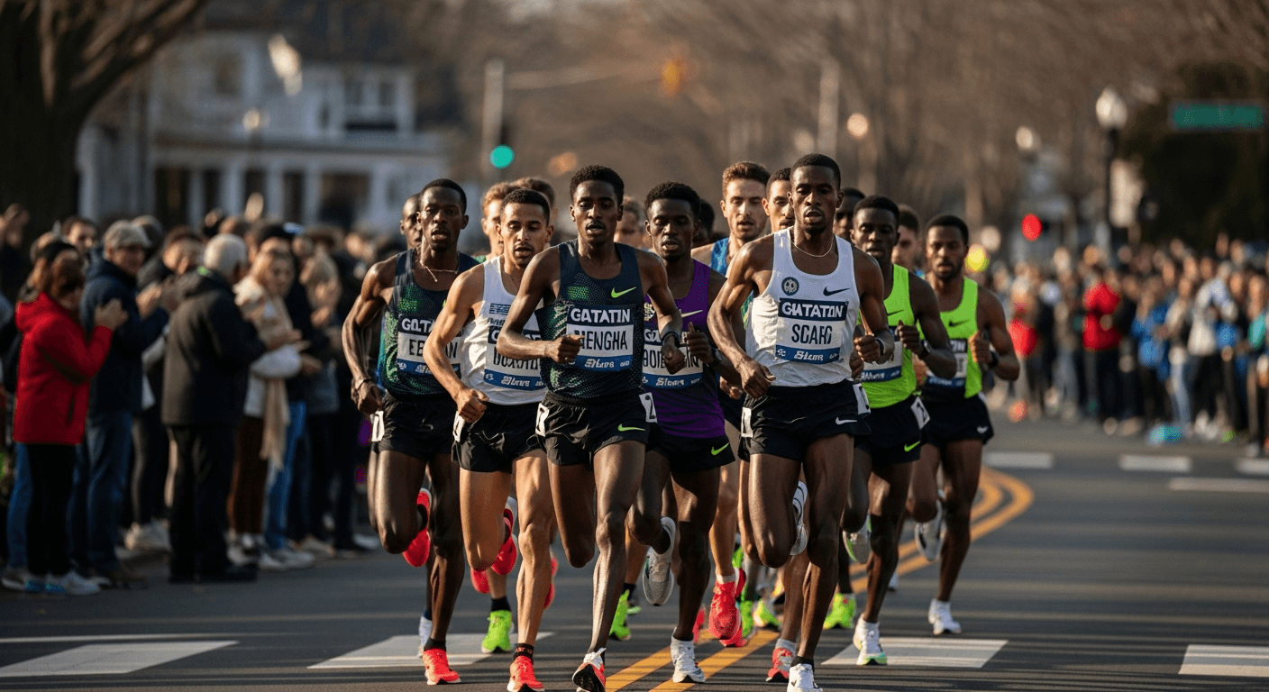 Elite men pack running at Boston Marathon