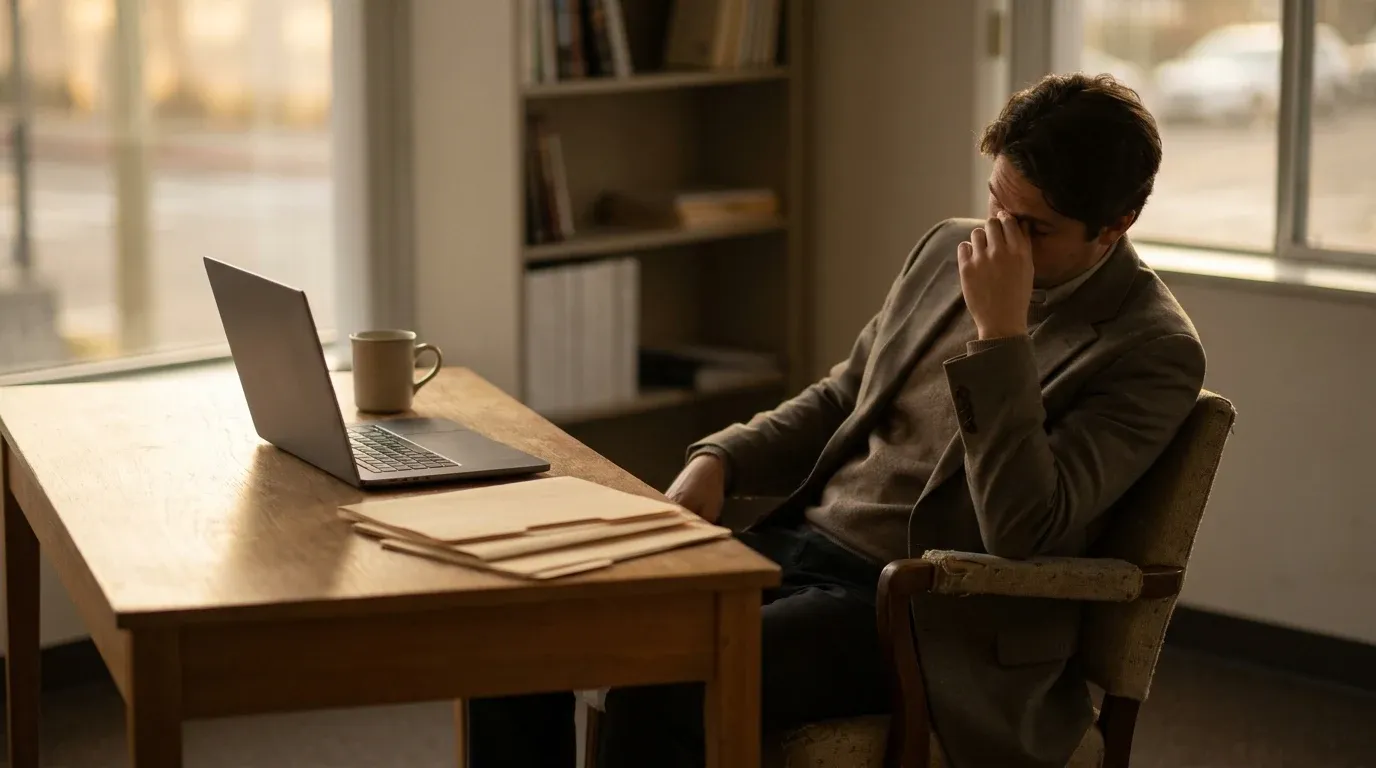 Exhausted worker slumped over desk with head on crossed arms, wellness materials ignored beside them in office setting.