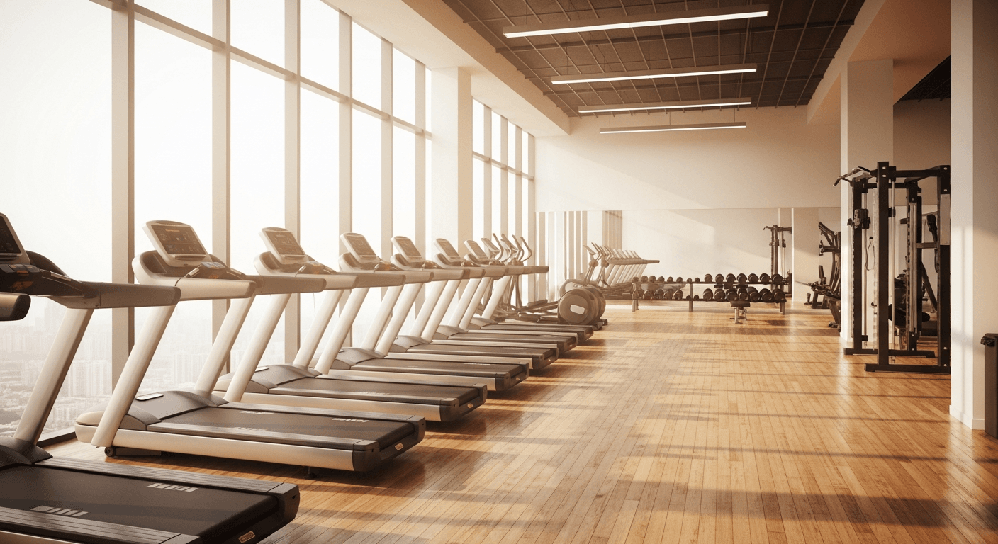 Bright modern gym interior with treadmills and dumbbell racks at sunrise