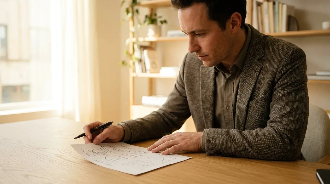 Professional coach reviewing and annotating a printed performance report at a light oak desk.