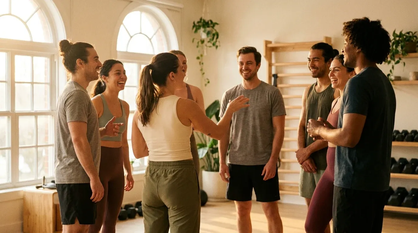 A fitness coach gestures naturally at the center of a diverse group of clients engaged in conversation, bathed in warm golden light.
