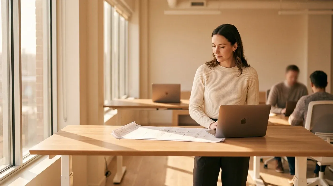 Professional with proper upright posture at an ergonomically adjusted desk in a warm, modern office environment.