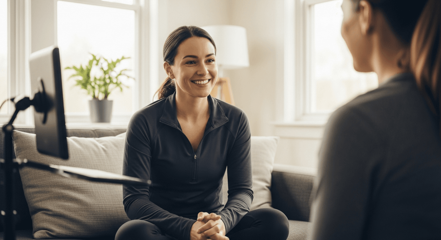 Online personal trainer smiling during a video coaching session