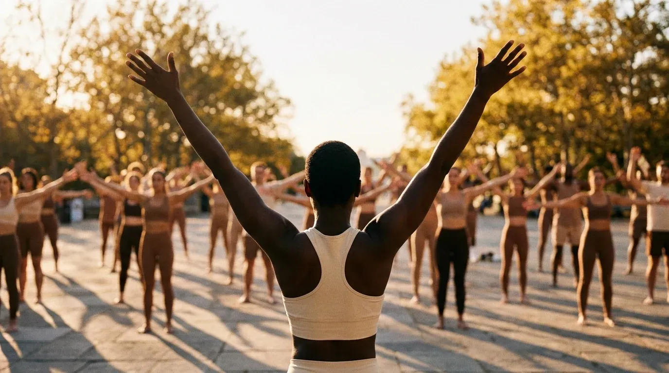 A fitness instructor leads a large outdoor group workout at golden hour with participants raising their arms in unison.