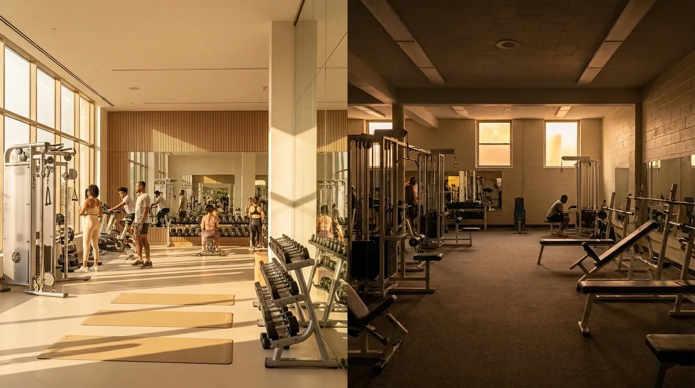 Aerial view of a spacious gym floor with rows of equipment, packed studio, and quieter mid-market area.