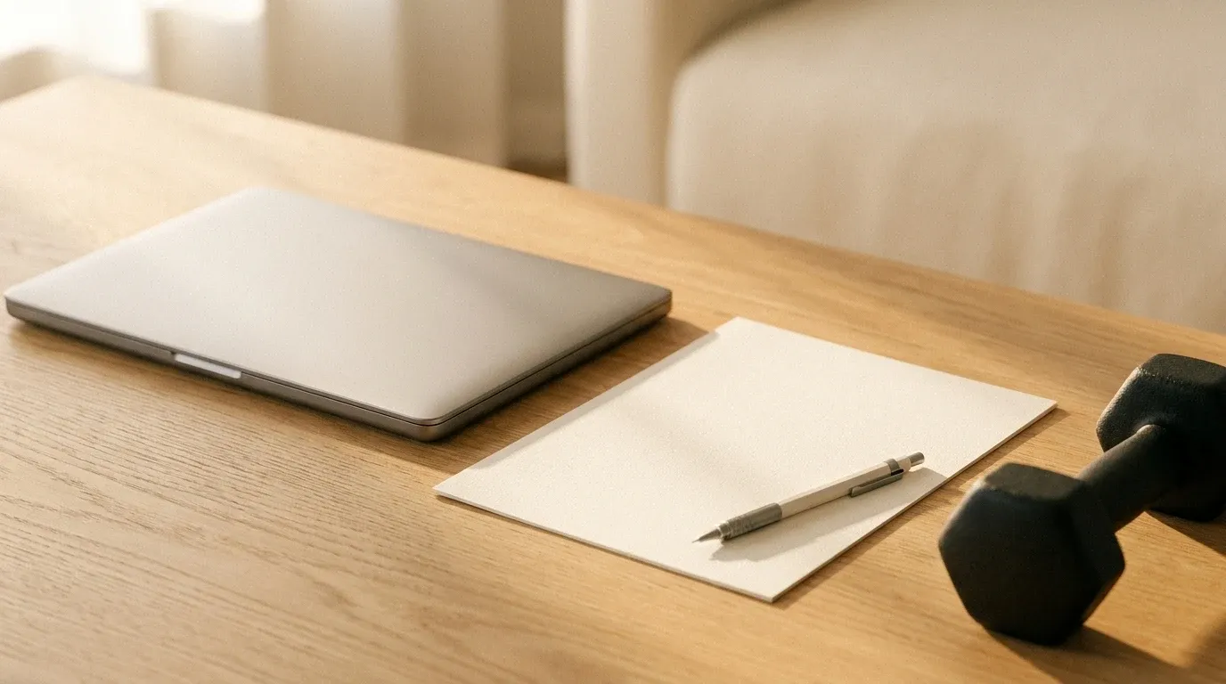 Editorial flat-lay featuring a laptop, financial document, dumbbell, and pencil arranged on a light oak desk in golden morning light.