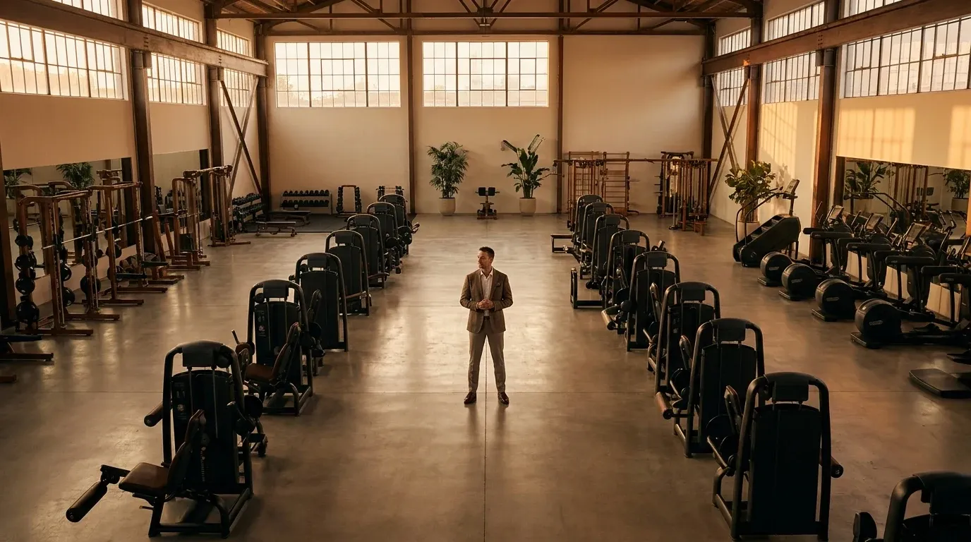Wide view of a large gym floor with rows of exercise equipment, purple accent walls, and members in the distance.