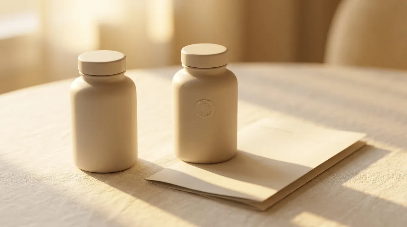 Two supplement bottles on cream surface with verification seal and testing document in warm golden light.