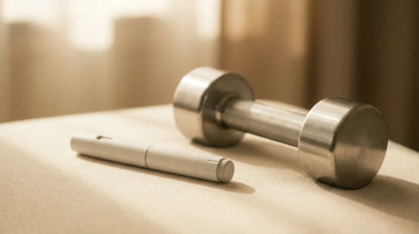 A GLP-1 auto-injector pen and brushed-steel dumbbell on a warm cream surface in soft golden light.