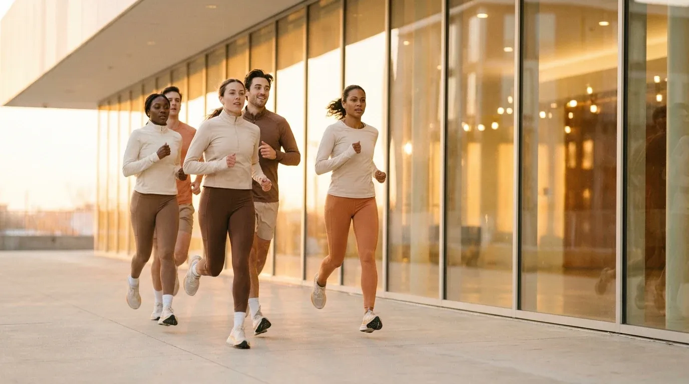 Five runners in motion passing a modern gym's glass facade at golden-hour sunrise.