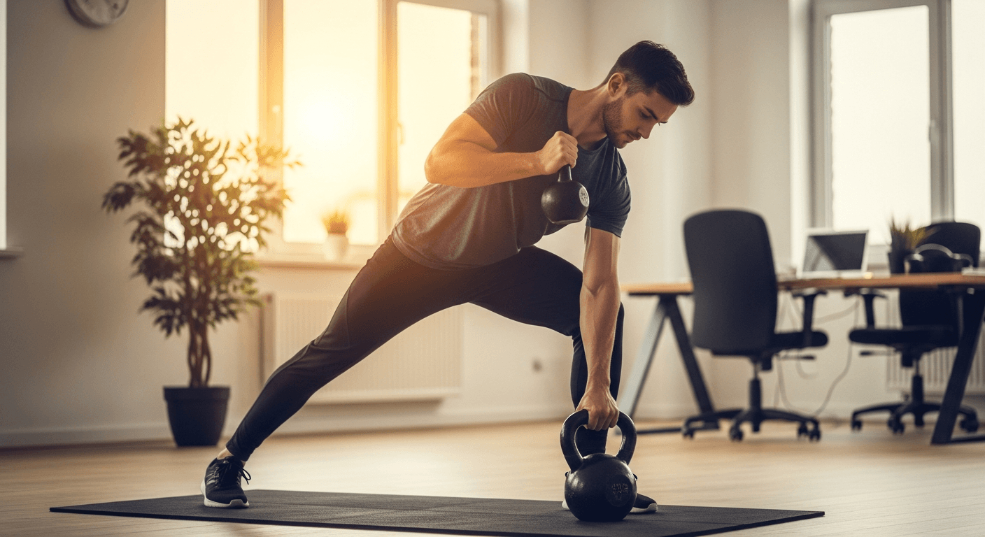 Office worker doing a squat beside a standing desk during a wellness break