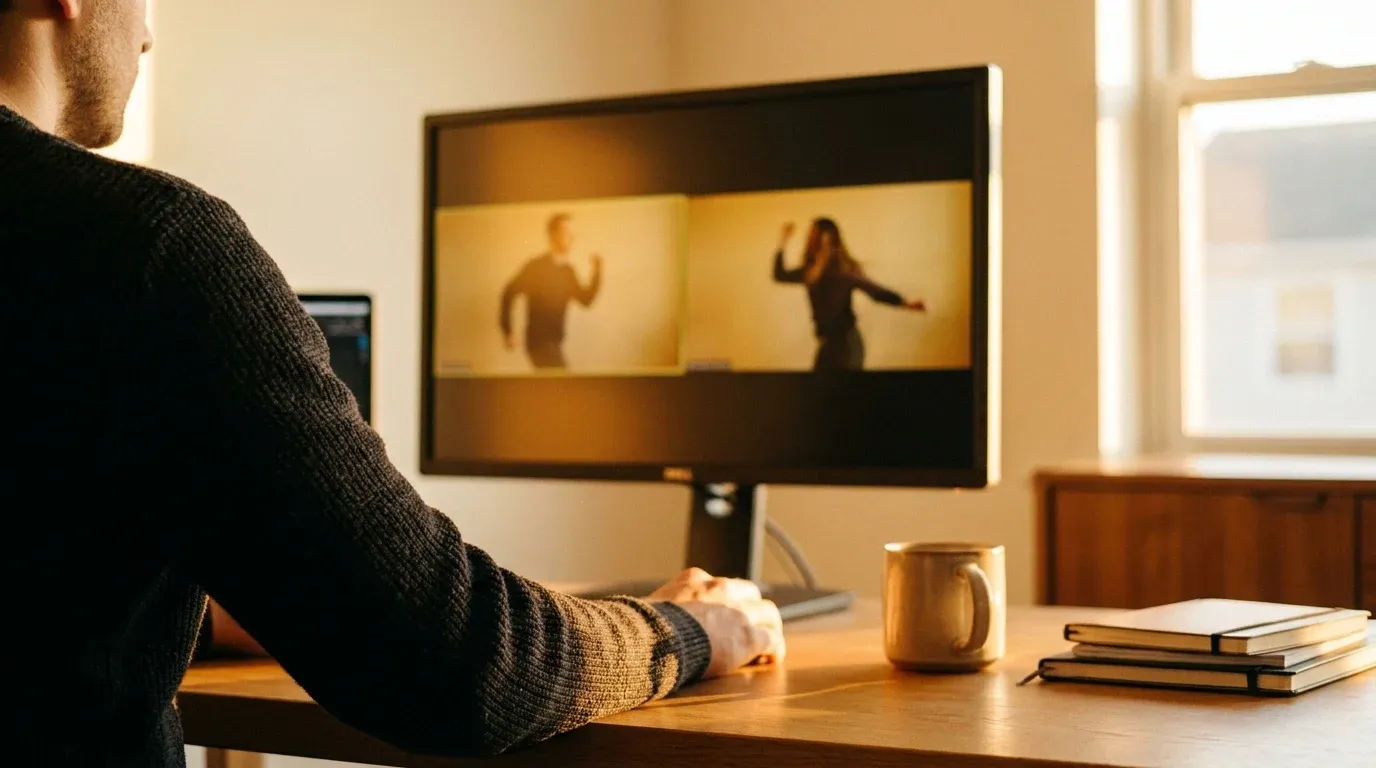 A coach watches a video call with an athlete on a monitor in a warm, minimalist home office setting.