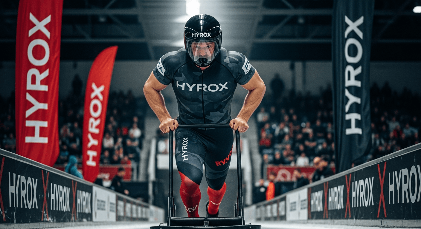 HYROX athlete pushing a weighted sled during the Monterrey race