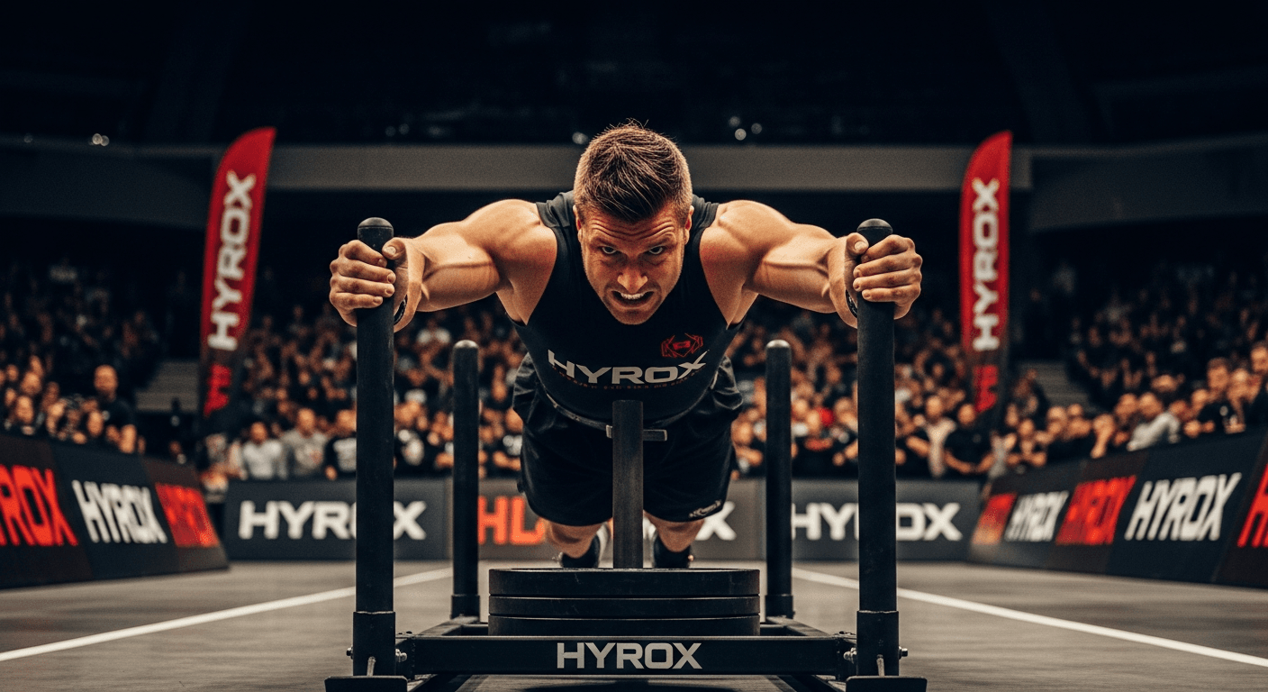HYROX athlete pushing sled during competition