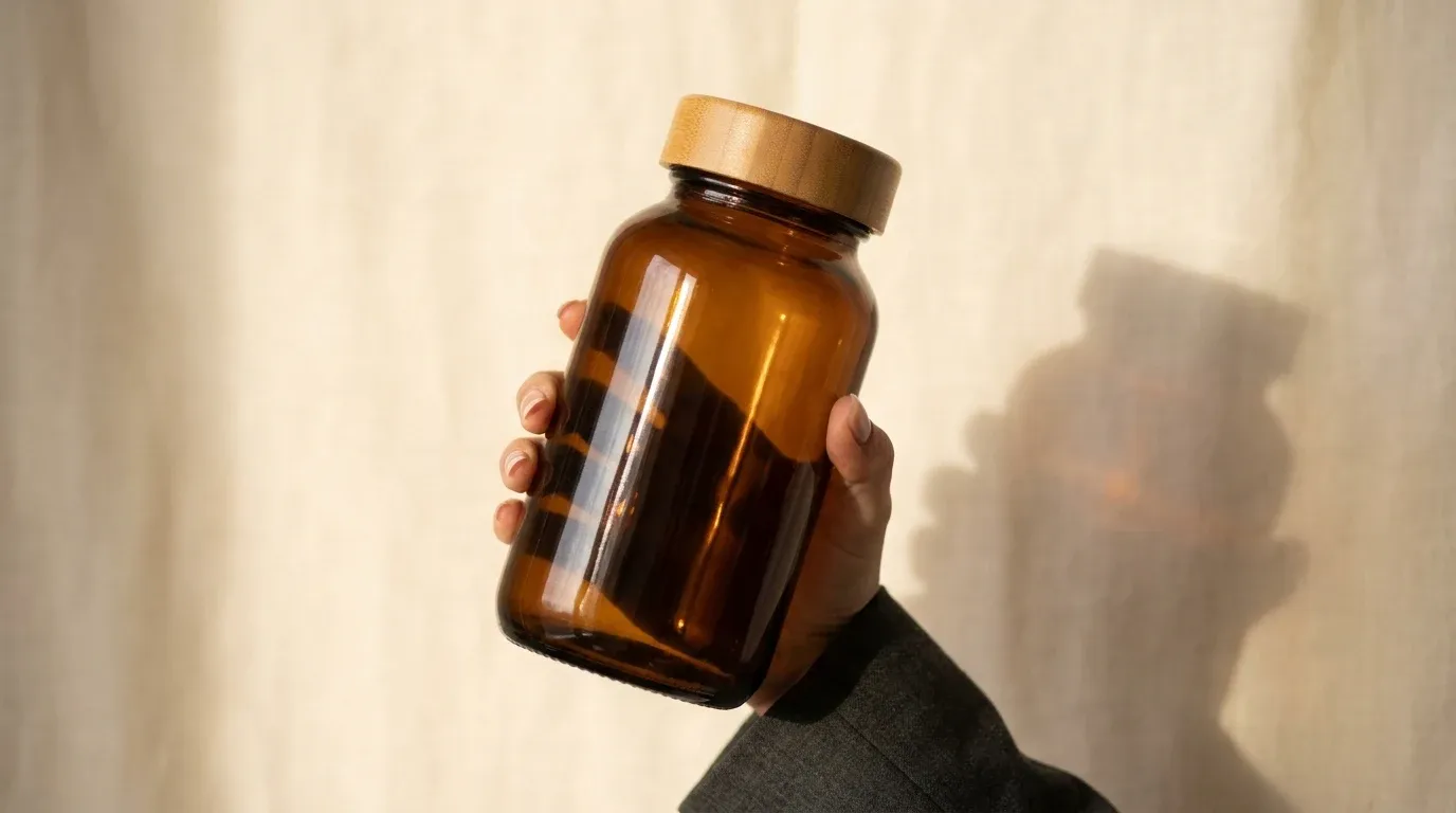 Three amber supplement bottles beside a pencil-drawn growth curve on warm cream background.