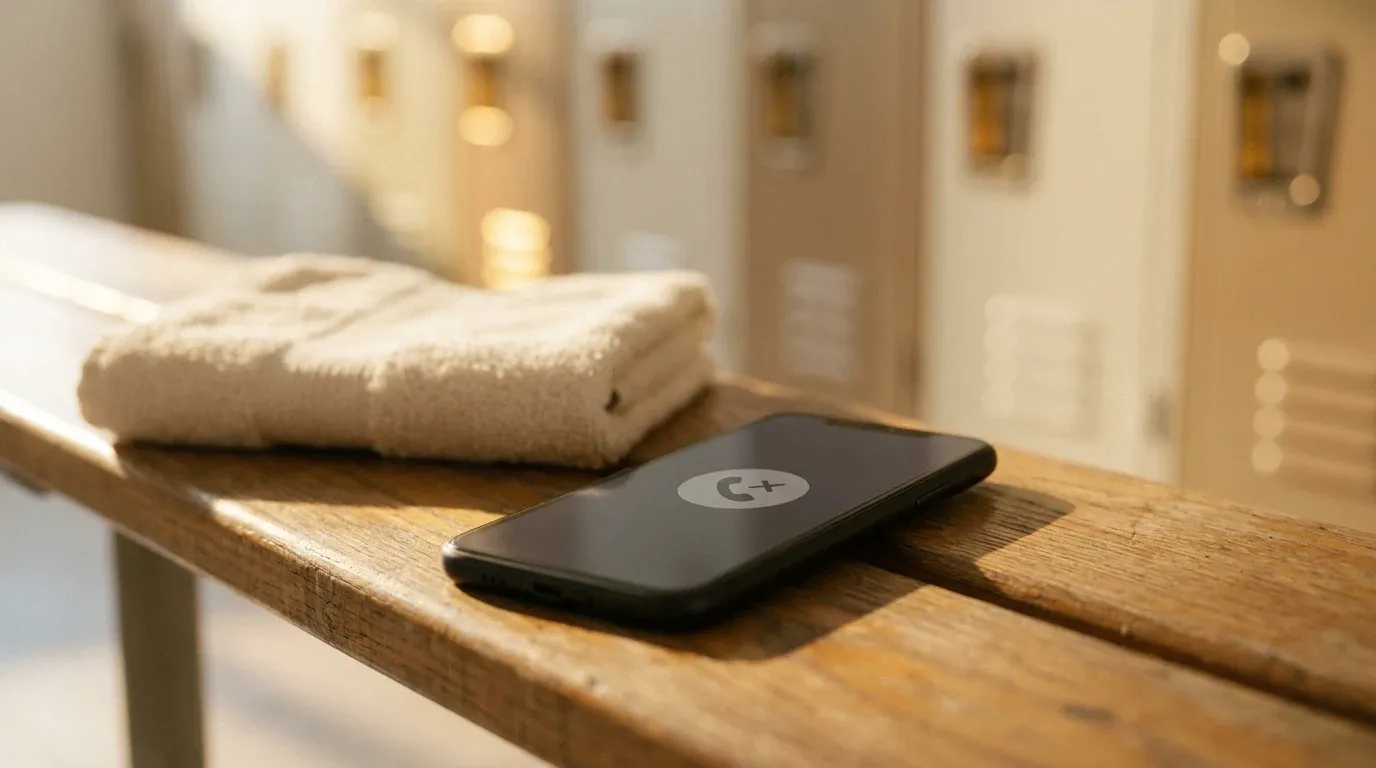 A smartphone on a gym locker bench displays a missed call notification with no follow-up messages.