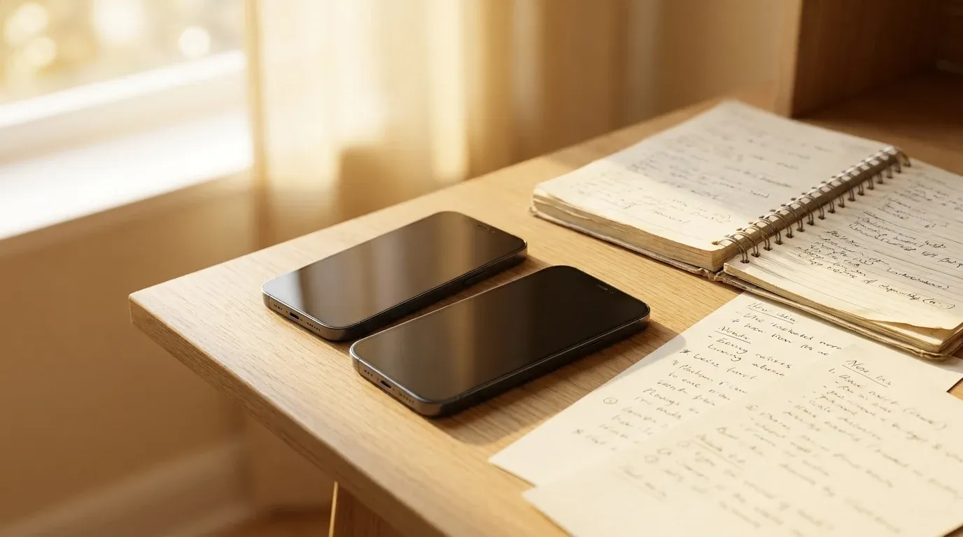 Two smartphones side by side on a light oak desk with printed nutrition notes and an open planner, bathed in soft morning light.