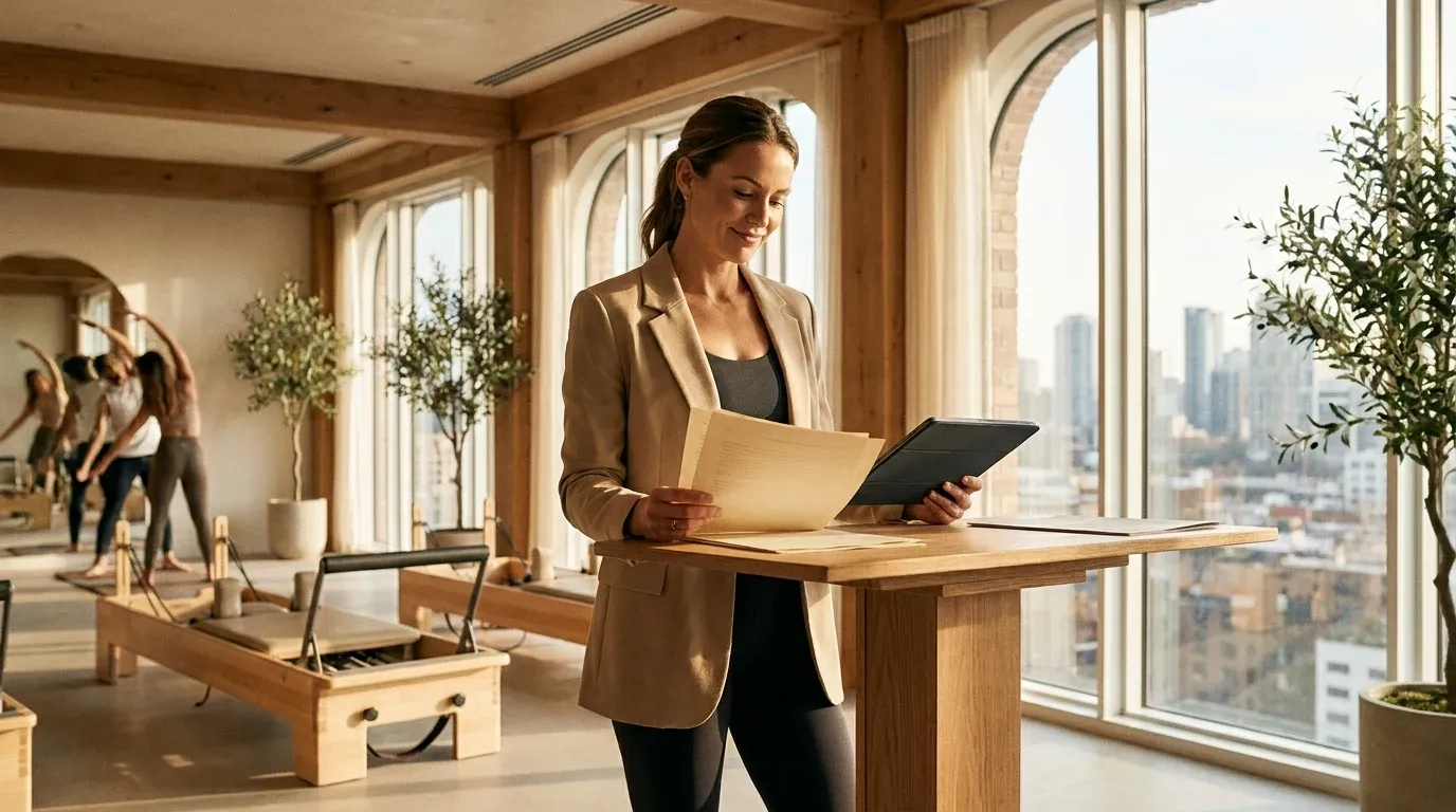 A confident personal trainer leaning toward a laptop at a standing desk in a bright, modern gym studio.