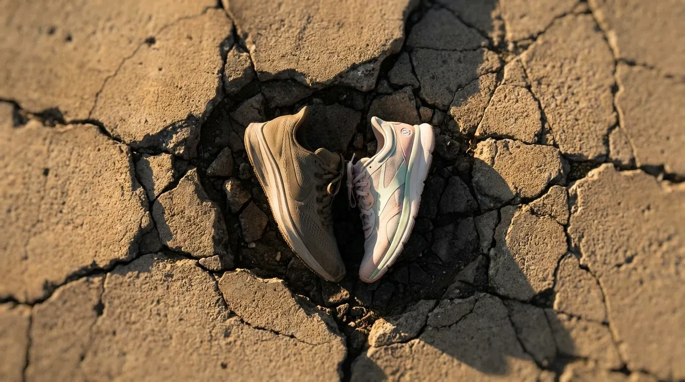 A white premium athletic sneaker angled downward on a minimal cream background, symbolizing market decline.