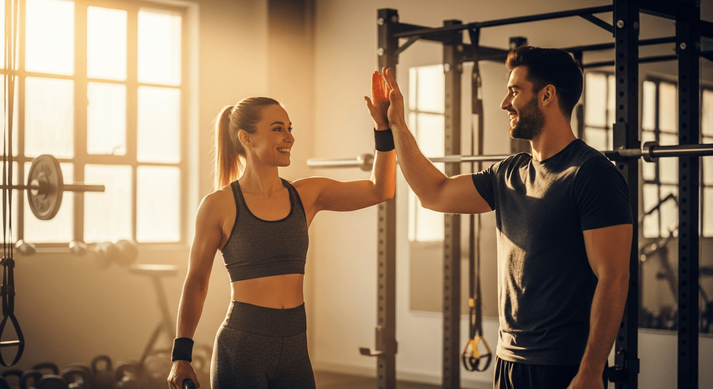 Personal trainer celebrating with client after training