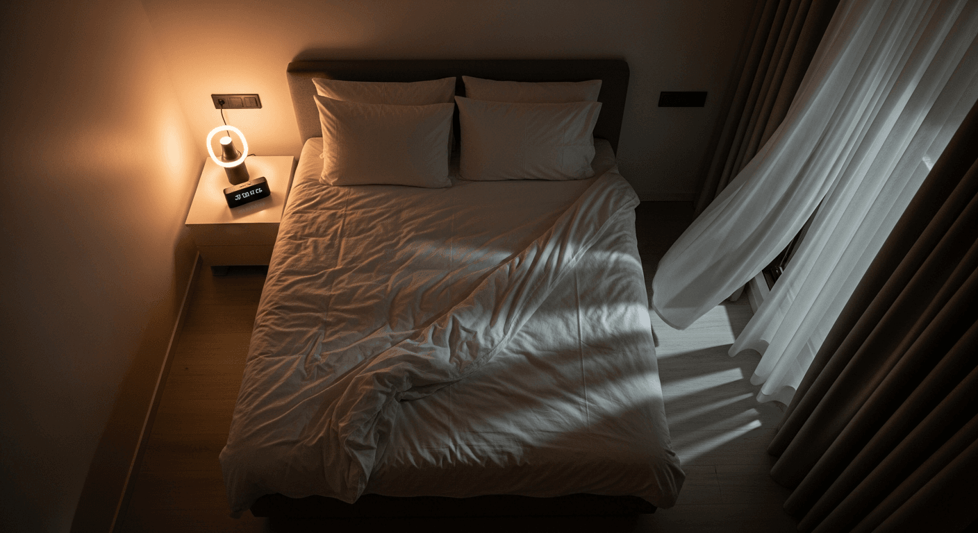 Dark bedroom at night showing a made bed and warm nightstand light