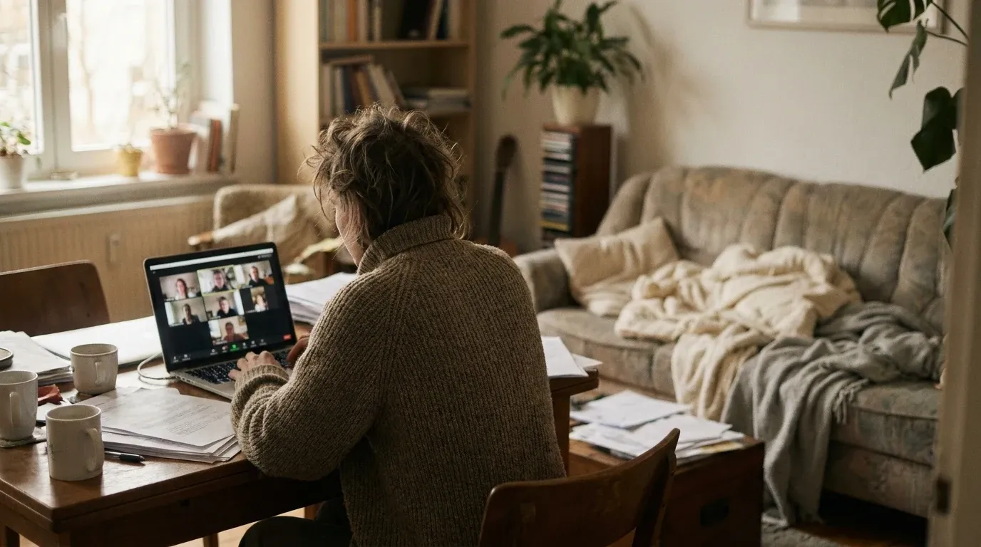 A solitary person at a cluttered desk in a spacious empty living room, video call grid visible on laptop screen.