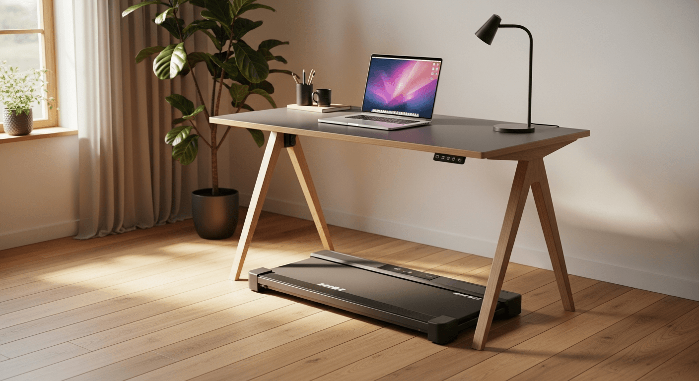 Standing desk with walking pad treadmill in a home office