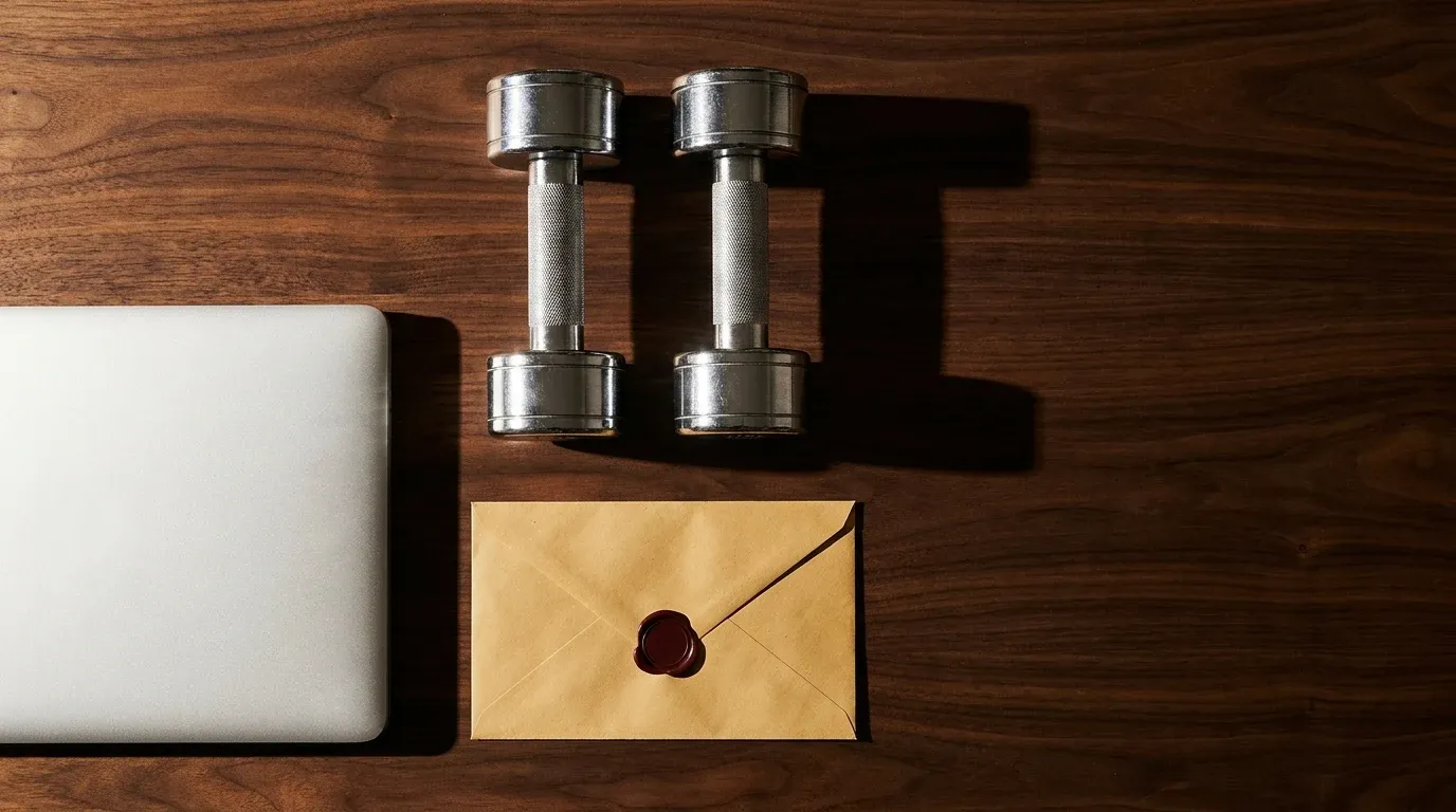 A smartphone and polished chrome dumbbell on warm cream linen in golden hour light.