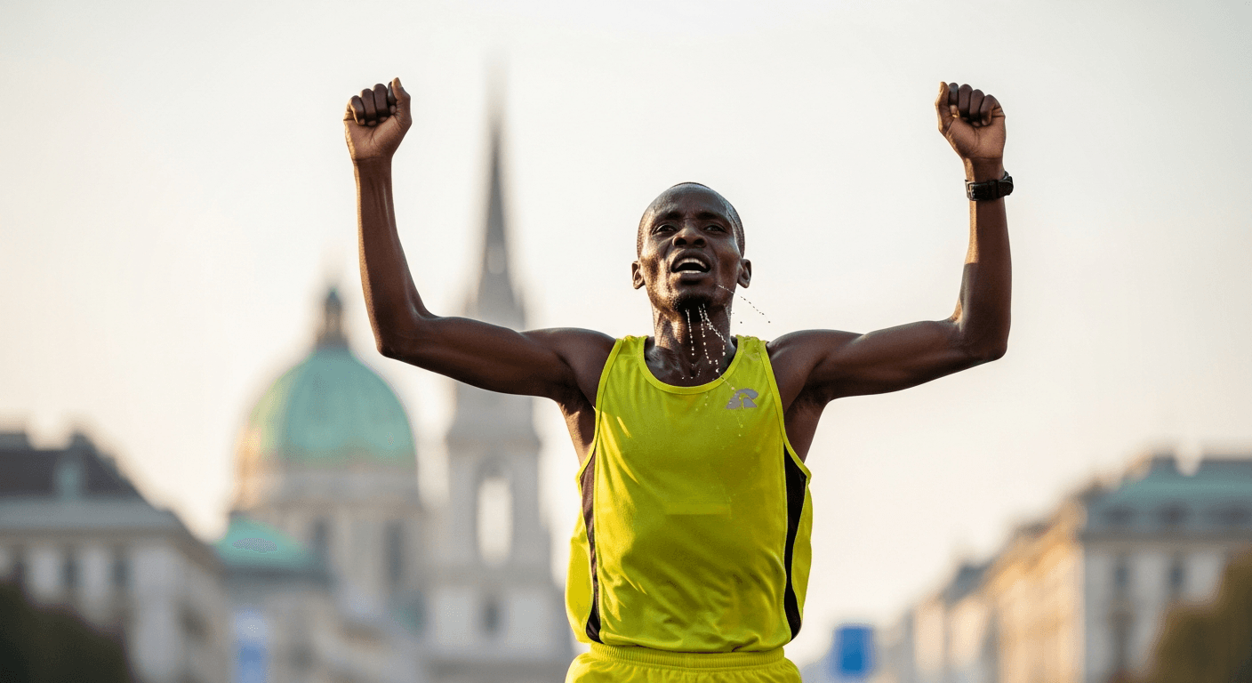 Marathon runner crossing finish line victorious
