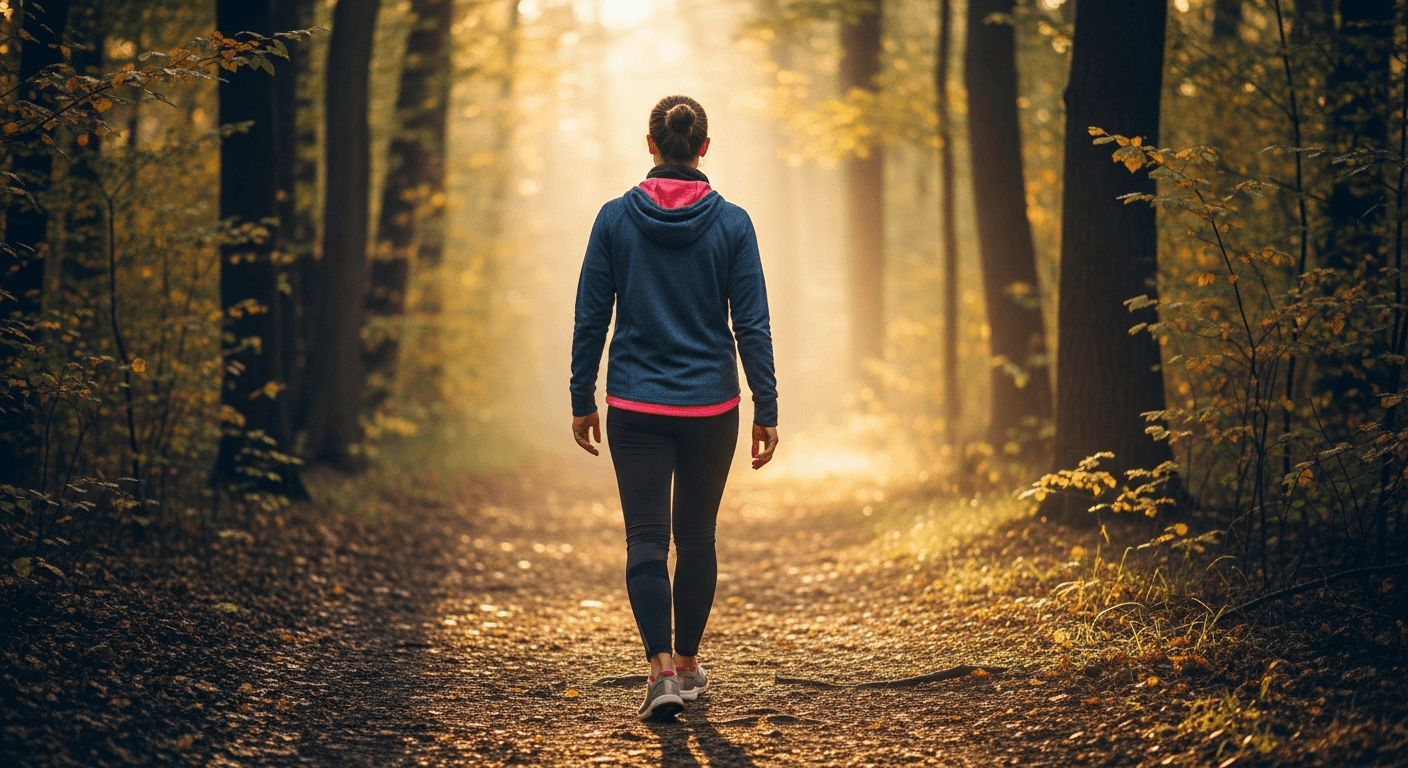 Person walking on a forest trail on a relaxed rest day